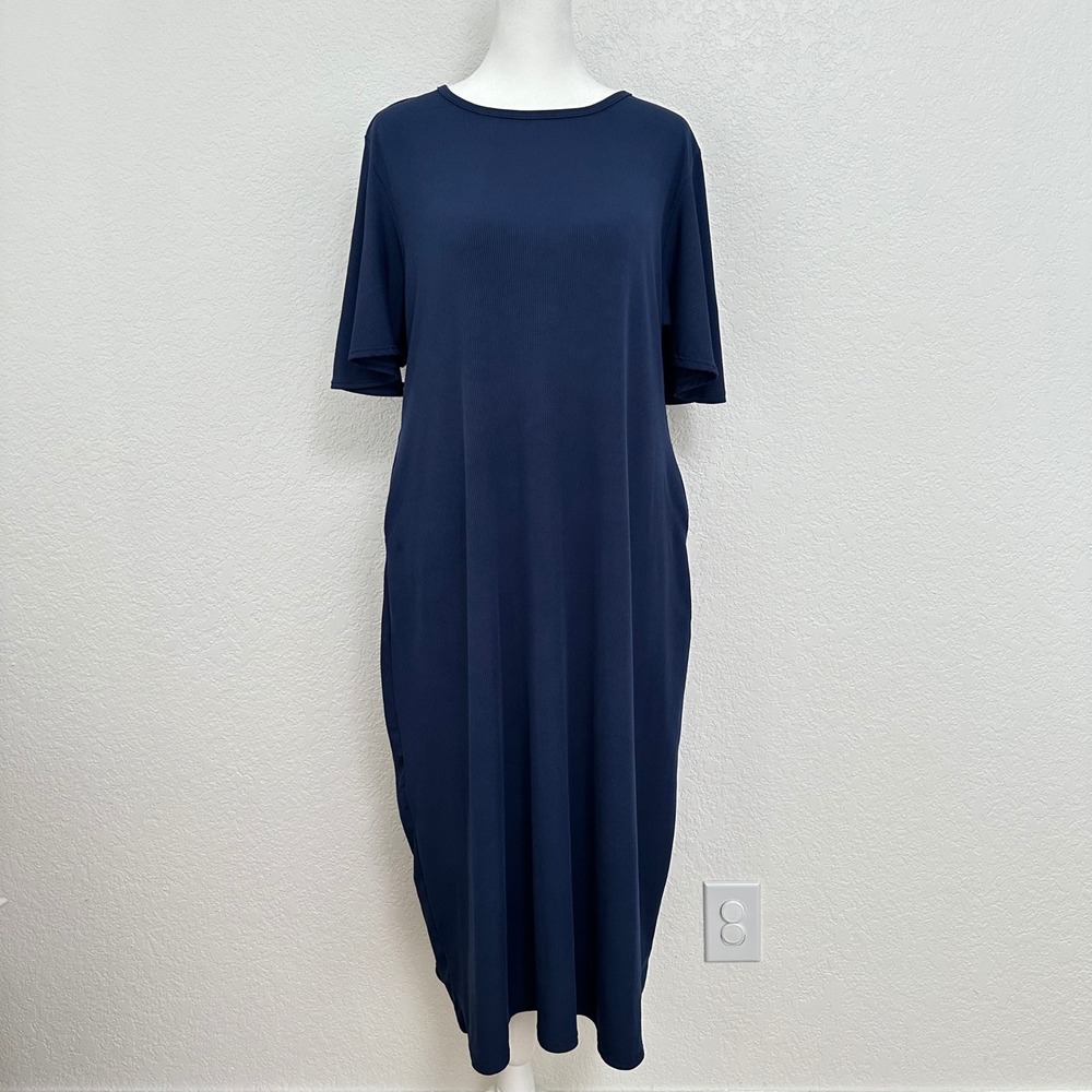 Midi Dress Womens L Navy Blue Ribbed Flutter Sleeve Pockets